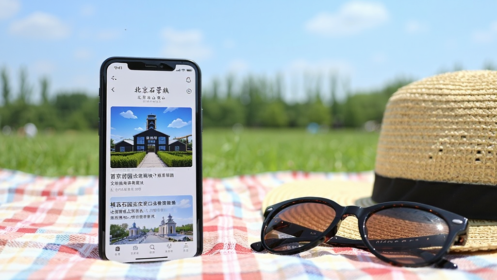 画面主体为北京石景山文旅板块界面,屏幕上展示着首钢园与模式口等景点的精美图片与文字介绍。手机与一副太阳镜、一顶遮阳帽一同摆放在户外野餐垫上。背景为虚化的公园绿地与蓝天。风格为休闲旅游风,构图活泼,画质明亮通透,无杂乱元素。