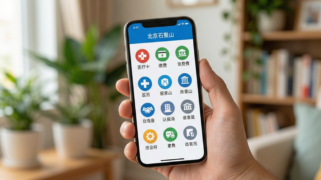画面主体为北京石景山便民服务功能界面,图标以网格状排列,包含医疗、缴费、政务等清晰标识。手机屏幕明亮,显示内容层次分明。手机被一只手轻握,背景为温馨的家居环境,有绿植和书架虚化。风格为清新明亮,构图自然,画质高清,无杂乱元素。