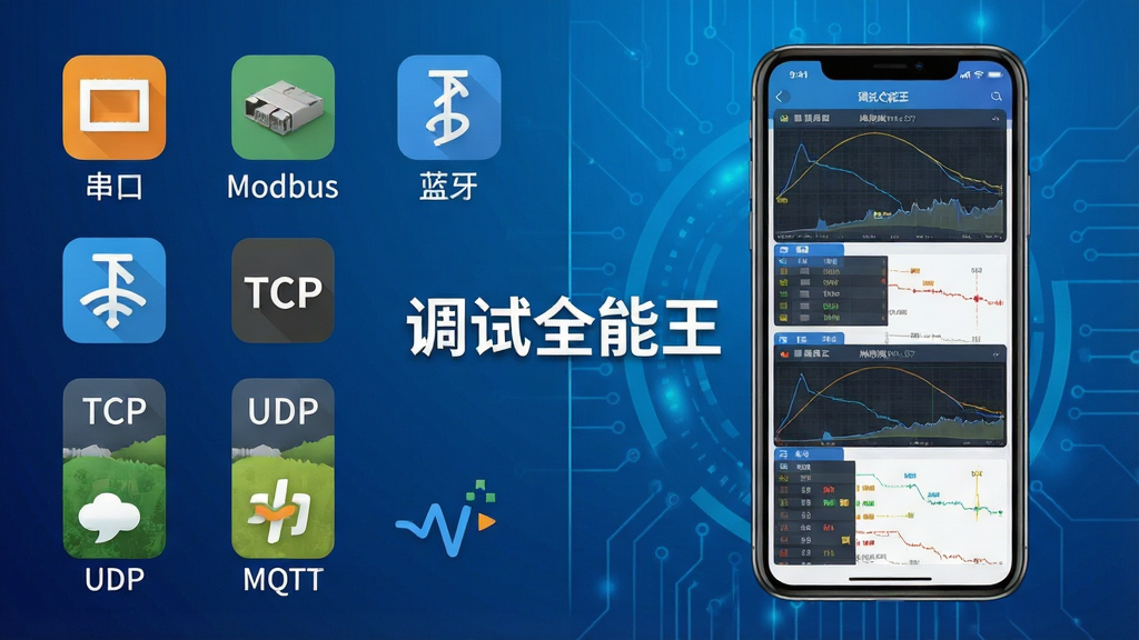 一张展示调试全能王多协议调试功能的场景图,画面左侧展示多种通信协议图标并列排列,包括串口、Modbus、蓝牙、TCP、UDP、MQTT等,右侧展示一部手机屏幕中同时呈现多个调试面板,背景采用科技蓝渐变风格,布局左右分割清晰,细节丰富,画质高清,干净整洁,无多余元素,画面中带有“调试全能王”文字标识