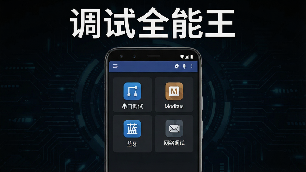 一张展示调试全能王软件主界面的产品预览图,画面中央放置一部安卓手机,手机屏幕上显示调试全能王App的主界面,界面中包含串口调试、Modbus调试、蓝牙调试、网络调试等多个功能图标入口,整体布局居中对称,采用深色科技风格背景,细节清晰可见,画质高清,干净整洁,无多余元素,图片上方用白色字体标注“调试全能王”