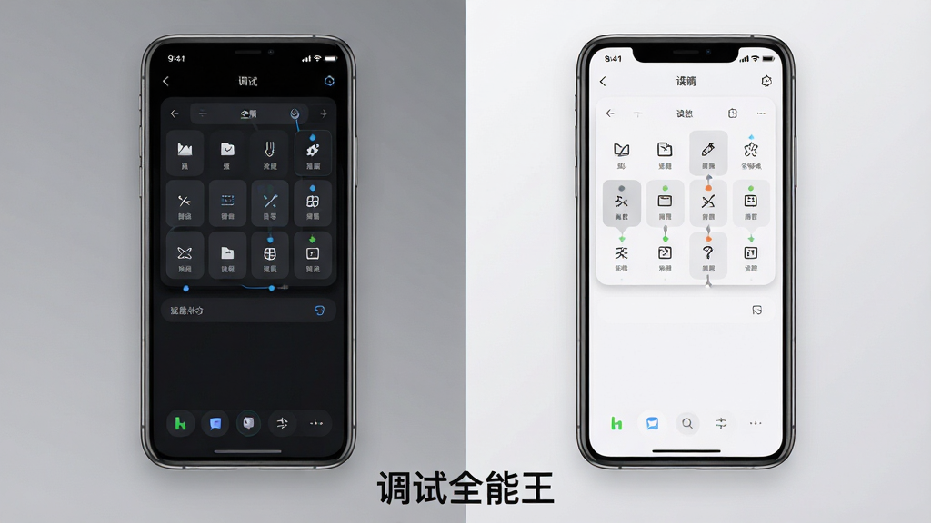 一张展示调试全能王主题切换与自定义面板功能的展示图,画面中并排展示两部手机,左侧手机显示深色主题界面,右侧手机显示浅色主题界面,两部手机屏幕中均展示可拖拽排序的功能面板,背景为简洁灰色渐变,布局左右对称,风格现代简约,细节清晰,画质高清,干净整洁,无多余元素,画面底部标注“调试全能王”