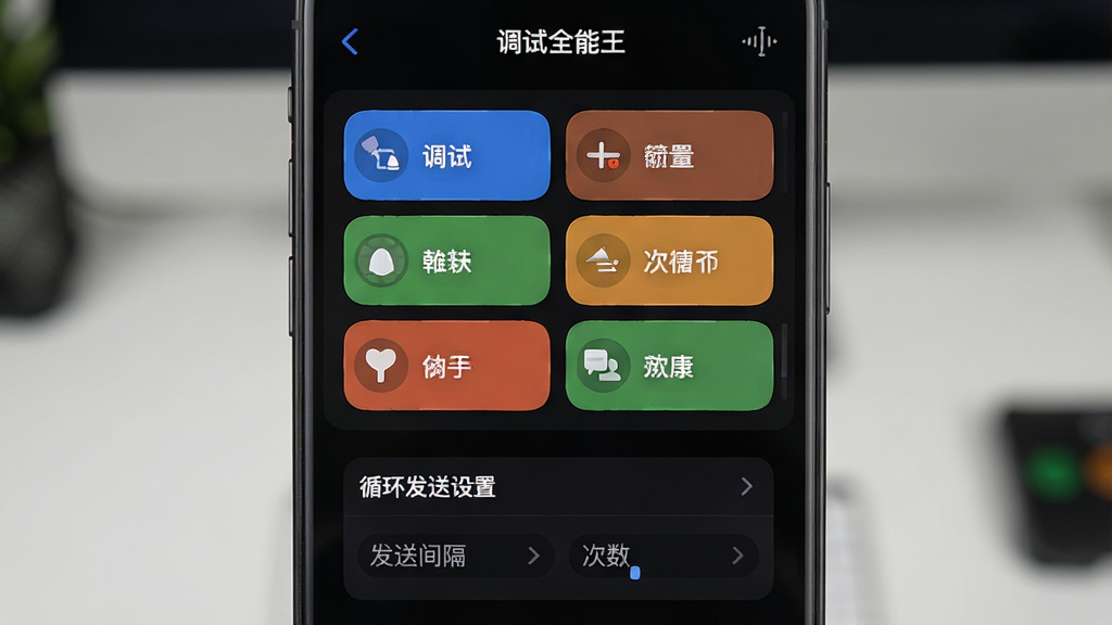 一张展示调试全能王快捷指令与循环发送功能的界面图,画面中央展示手机屏幕上的快捷指令面板,面板中有多个彩色按钮分别标注不同指令名称,下方有循环发送设置区域显示发送间隔和次数,整体采用深色主题,布局上下结构清晰,细节精致,画质高清,干净整洁,无多余元素,屏幕顶部显示“调试全能王”标题