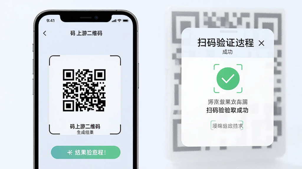 手机展示“码上游二维码”生成结果与扫码验证过程的合成图,主体是手机屏幕二维码和扫描成功提示,布局为左手机右结果卡片,排版左右呼应,风格为清爽浅色商务风,细节包含二维码、对勾图标、文字提示,画质清晰,画面干净,无多余元素