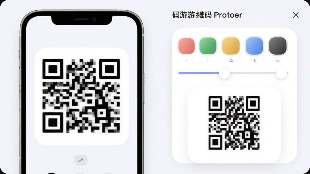 “码上游二维码”美化设置界面截图风格图片,主体是手机屏幕显示二维码颜色选择器和样式预览,布局为左侧二维码预览、右侧颜色与样式选项,排版左右分栏,风格为柔和圆角卡片风,细节包含色块、滑块、预览二维码,画质清晰,画面干净,无多余元素