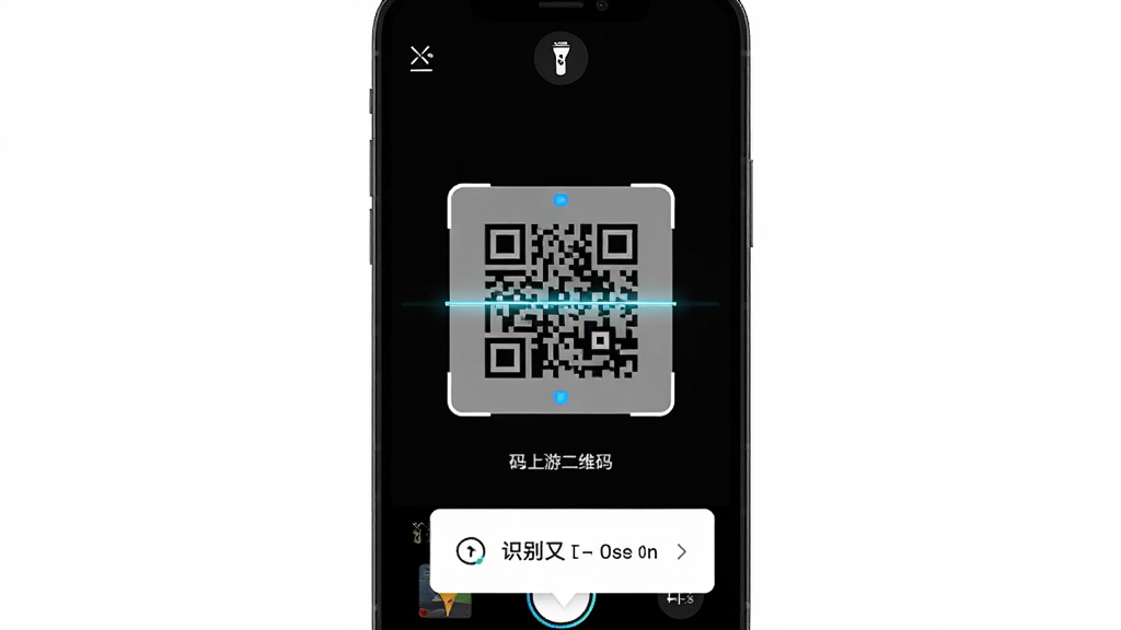 手机摄像头扫描二维码的界面图片,主体是“码上游二维码”扫码页面,布局为取景框居中、下方提示文字、顶部手电筒按钮,排版简洁,风格为深色科技风,细节包含扫描线、对焦框、识别结果弹窗,画质清晰,画面干净,无多余元素