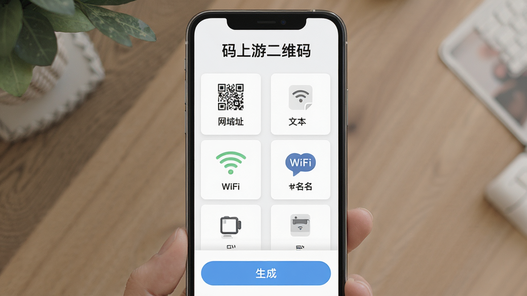 一个手机应用界面展示多种二维码内容类型的图片,主体是“码上游二维码”界面中网址、文本、WiFi、名片等图标排列,布局为上方标题、中部功能卡片网格、下方生成按钮,排版整齐有序,风格为清新浅色扁平设计,细节包含各类小图标和文字标签,画质清晰,画面干净,无多余元素