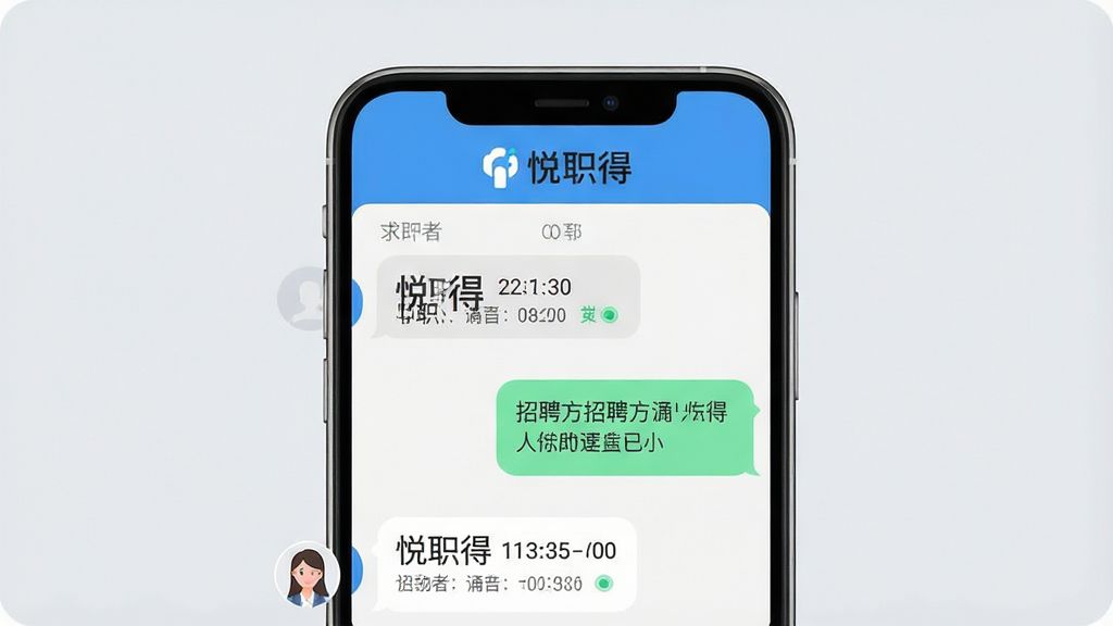 一张“悦职得”即时沟通界面的生图,画面展示手机聊天窗口,左侧为求职者头像与消息气泡,右侧为招聘方回复,界面顶部显示“悦职得”Logo,背景为柔和浅灰色,布局清晰,风格简洁明快,细节包含时间戳与已读状态,画质干净,无多余装饰