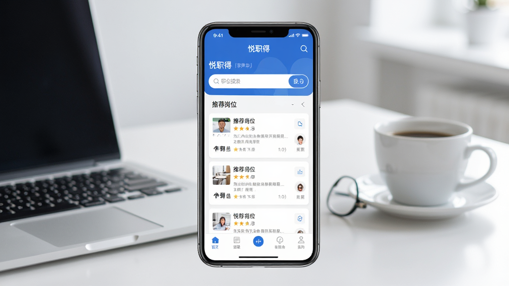 一张展示“悦职得”软件核心界面的手机应用预览图,画面中央是一部现代智能手机,屏幕显示悦职得APP的首页,包含职位搜索栏、推荐岗位列表和底部导航菜单,背景为简洁的办公场景,有笔记本电脑和咖啡杯,整体风格清新商务,色彩以蓝色和白色为主,画质清晰,细节丰富,干净无多余元素