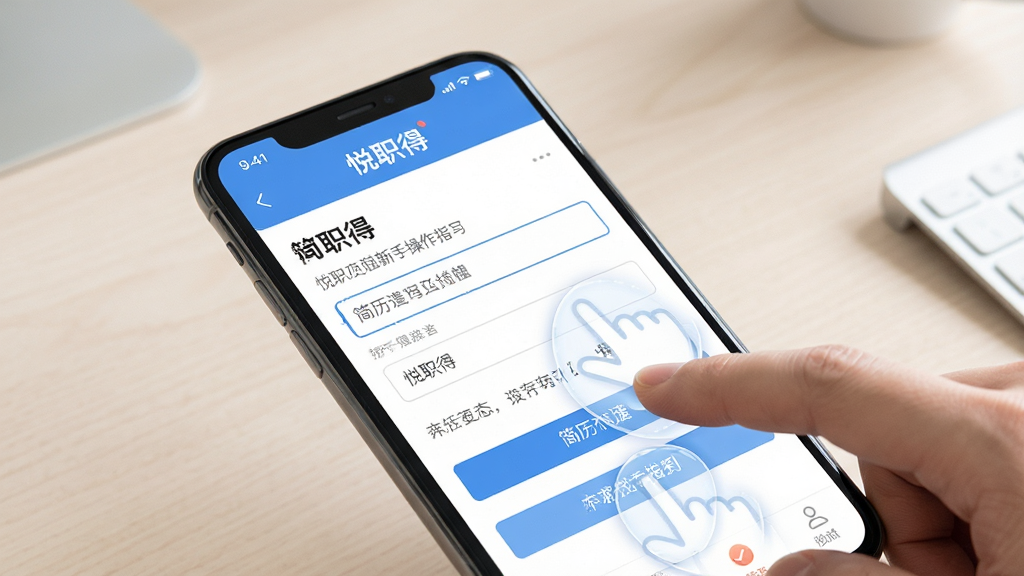 一张展示“悦职得”新手操作指引的AI生图,画面为手机屏幕特写,屏幕上显示悦职得APP的简历填写页面,有手指点击的动画效果,背景为浅色办公桌面,布局简洁,风格清新,细节包含输入框、按钮和提示文字,画质高清,干净无多余元素