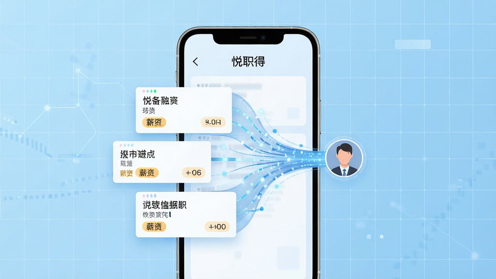 一幅展示“悦职得”智能匹配功能的AI生图,画面主体为一部手机屏幕,屏幕中显示多个职位卡片以数据流形式汇聚到用户头像旁,背景为科技感浅蓝色网格,布局居中对称,风格现代简约,细节包含职位名称、薪资标签等小字,画质高清,干净无多余元素