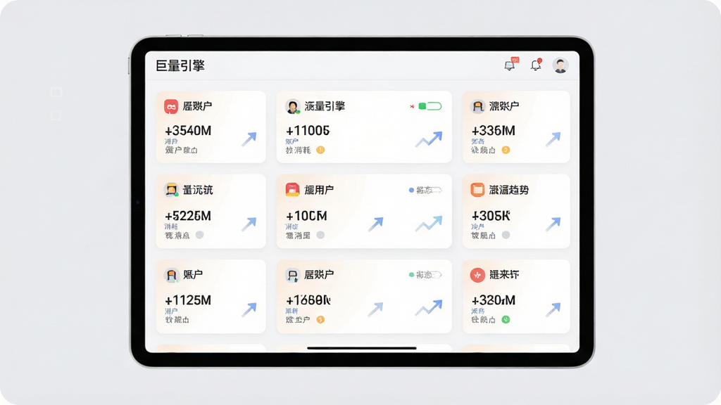 一张展示巨量引擎多账户管理界面的AI生图,画面为平板设备横屏显示多个账户卡片式排列,每张卡片上有账户名称、消耗数字与趋势箭头,背景为浅灰色简洁风格,主体为平板屏幕内容,布局为卡片网格状排列,排版清晰整齐,风格为扁平化科技感,细节包含数字、图标与状态标识,画质高清干净无多余元素