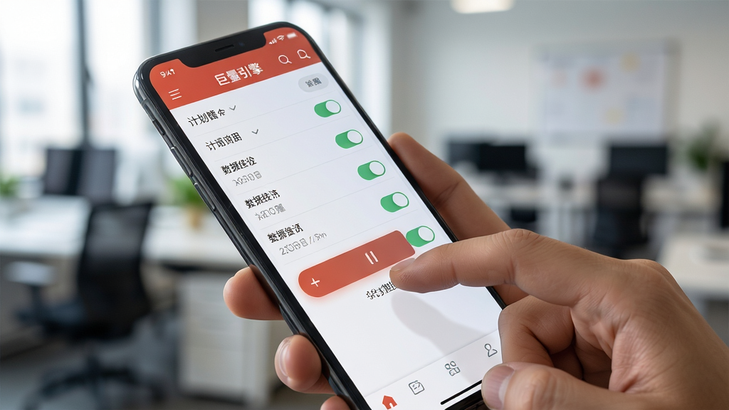 一张展示巨量引擎移动端操作界面的AI生图,画面为手持智能手机的特写,屏幕上显示计划列表与开关按钮,手指正点击暂停按钮,背景为模糊的办公室环境,主体为手机屏幕与手指动作,布局为对角线构图,风格为写实摄影风,细节包含按钮高亮、数据标签与导航栏,画质清晰干净无多余元素