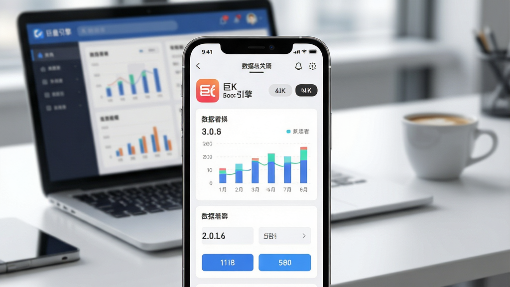 一幅展示巨量引擎移动端应用主界面的场景图,画面中央是一部竖屏智能手机,屏幕上清晰显示“巨量引擎”应用图标与数据看板界面,背景为简洁的现代化办公桌面,桌上放着一台打开的笔记本电脑和一杯咖啡,整体布局为手机主体居中、办公环境虚化衬托,排版突出应用界面细节,风格为高清写实商务风,细节包含屏幕上的图表、按钮与导航栏,画质4K干净无多余元素