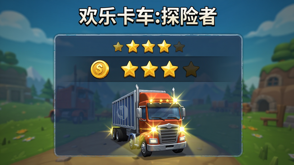 游戏任务完成界面截图,屏幕显示金币奖励和星级评价,画面顶部有“欢乐卡车:探险者”标题,主体为任务结算面板与卡车庆祝动画,布局采用居中排版,风格为游戏UI界面,细节包括金币图标、星星评分、卡车灯光闪烁,画质高清,干净无多余元素