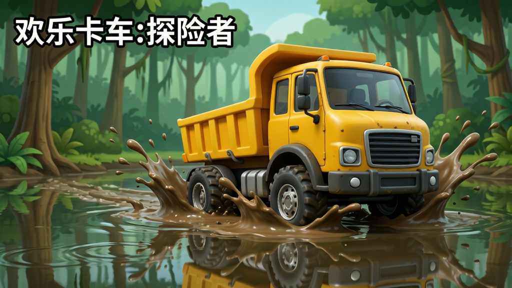 一辆黄色卡车正在穿越泥泞的沼泽地带,泥浆飞溅,背景是茂密的丛林,画面左上角显示“欢乐卡车:探险者”,主体为卡车与沼泽环境,布局采用三分法构图,风格卡通写实,细节包括泥浆飞溅效果、树木倒影、水面波纹,画质清晰,干净无多余元素