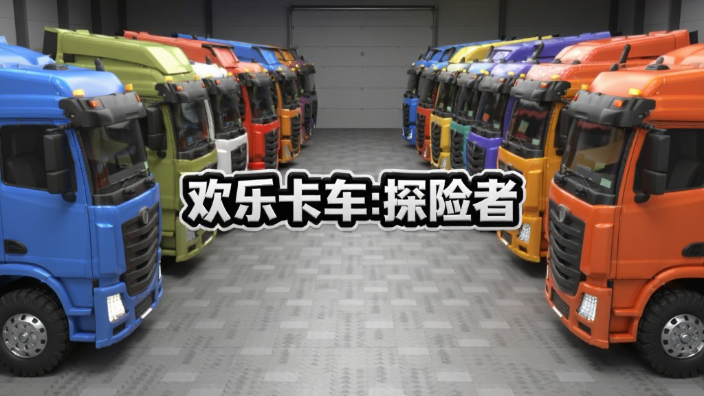 多辆不同颜色和型号的卡车整齐排列在车库中,画面中央显示“欢乐卡车:探险者”标志,主体为卡车车队展示,布局采用对称排列,风格为3D渲染,细节包括每辆车的轮胎花纹、车灯反光、车库地面纹理,画质精细,干净无多余元素