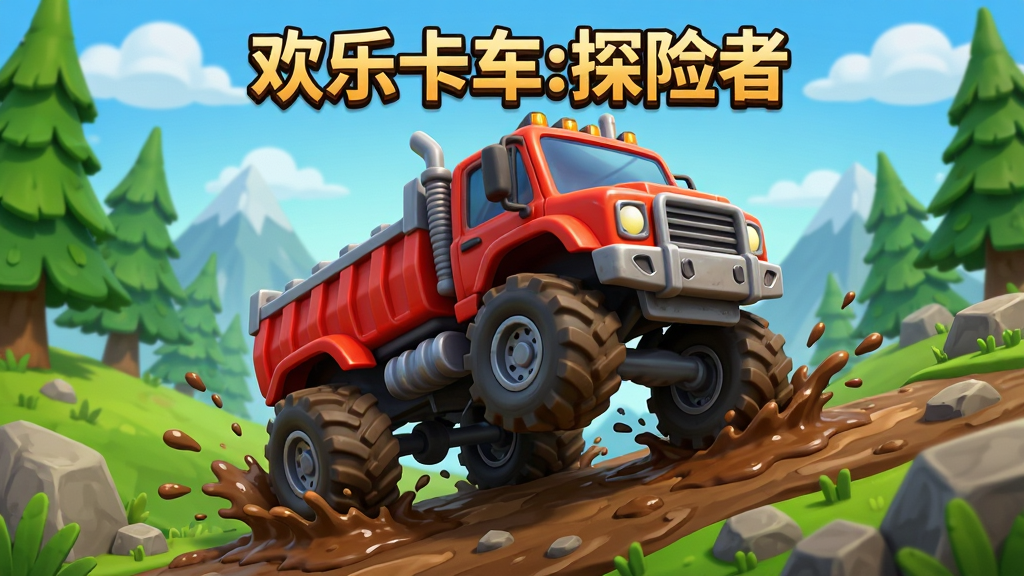 一辆卡通风格的越野卡车行驶在崎岖的山路上,周围有绿树和岩石,画面中央上方显示“欢乐卡车:探险者”游戏标题,主体是一辆红色重型卡车正在翻越泥泞坡道,布局采用横版构图,风格为3D卡通渲染,细节包括车轮溅起的泥浆、背景中的远山与蓝天白云,画质清晰明亮,干净无多余元素