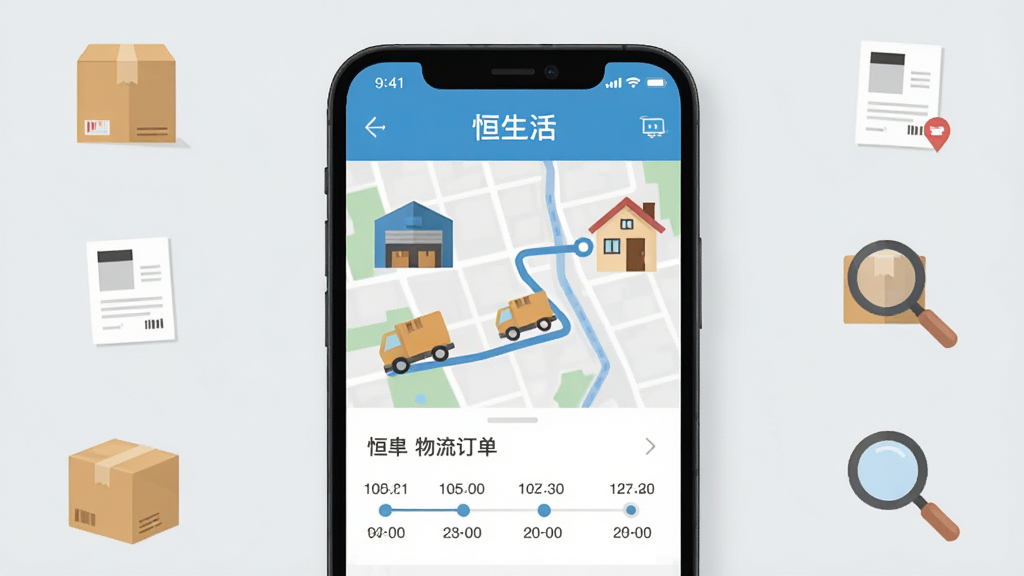 画面中央为一个手机屏幕,屏幕内展示“恒生活”订单物流跟踪页面,地图上有一条从仓库到用户家的路线,沿途有快递车图标,下方显示物流时间轴。背景为浅灰色,四周有包裹、快递单、放大镜等简洁图标。风格为扁平信息图,排版清晰,细节干净,画质优良,无多余元素。