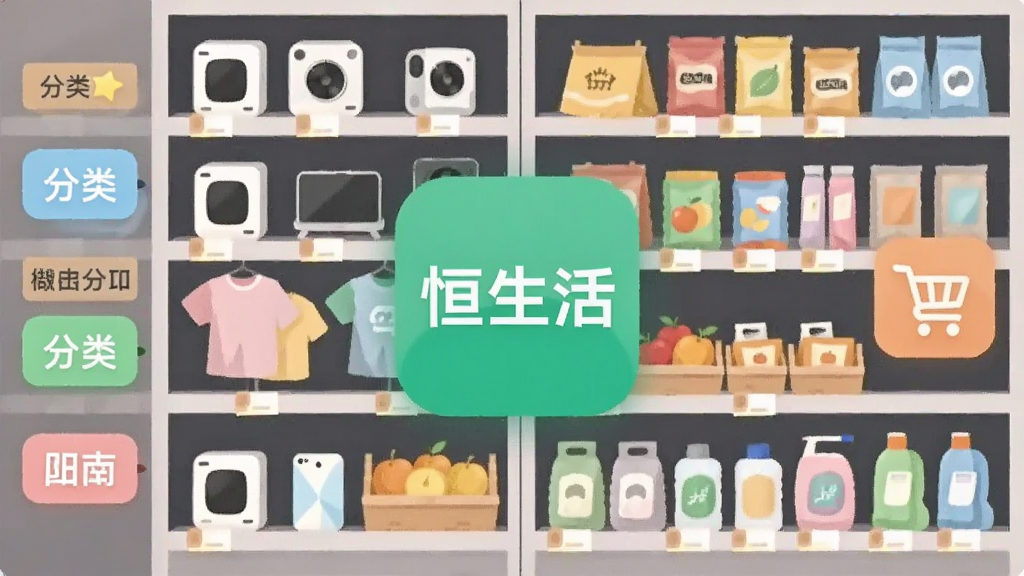 画面主体为一排整齐的货架,货架上摆放着数码产品、服装、水果、日用品等各类商品,货架前方悬浮“恒生活”应用图标。布局采用左右对称结构,左侧展示商品分类标签,右侧展示购物车图标。风格为扁平插画风,色彩柔和明亮,细节丰富但不过度堆砌,画质干净,无多余元素。