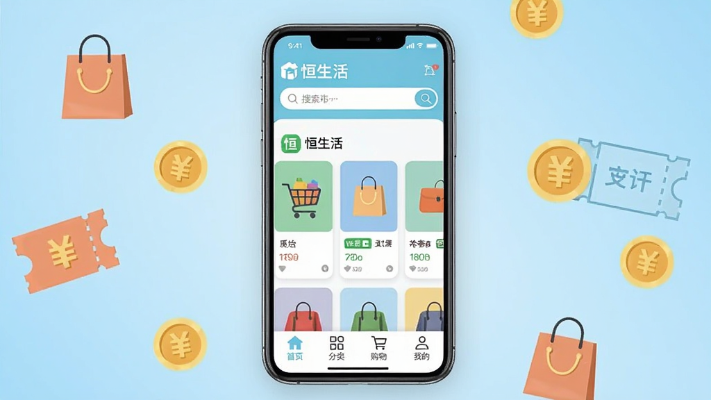 画面中央放置一部智能手机,手机屏幕上显示“恒生活”应用商城首页界面,顶部搜索栏,中部商品卡片横向排列,底部导航栏包含首页、分类、购物车、我的四个图标。背景为浅蓝色渐变,周围环绕购物袋、优惠券、金币等简洁扁平图标。整体风格清新明快,排版居中对称,细节干净利落,画质清晰,无多余元素。