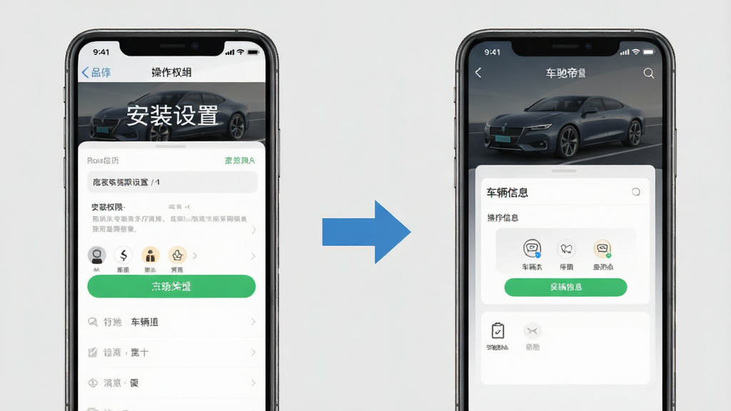 车驰帝APP操作指南示意图,画面左侧展示手机安装权限设置界面,右侧展示APP内车辆信息绑定页面,中间用箭头连接表示操作流程,背景为浅灰色,风格简洁教程风,画质清晰干净,无多余元素