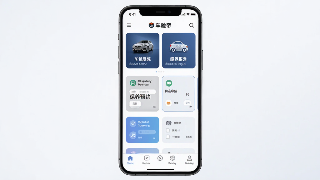 车驰帝手机应用主界面展示,画面中央是一部智能手机,屏幕上显示车驰帝APP的首页布局,顶部有车辆质保和延保服务入口,中部展示保养预约和网点导航功能卡片,底部为导航菜单栏,背景为浅灰白色渐变,整体风格简洁现代,画质清晰干净,无多余元素