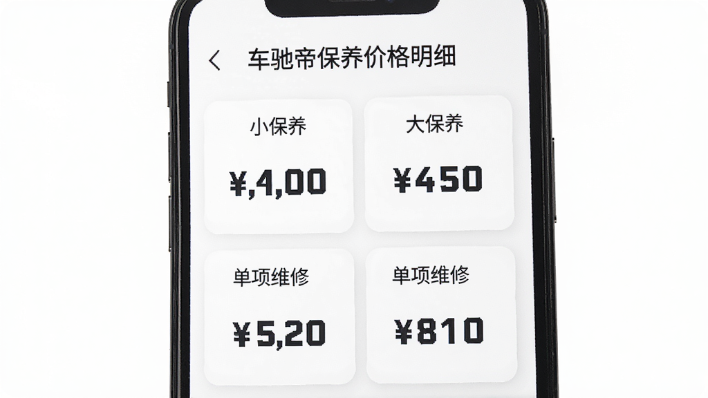 车驰帝保养价格明细页面展示,手机屏幕上显示保养项目列表和对应价格数字,小保养、大保养、单项维修分栏排列,价格用醒目的深色字体标注,背景为白色卡片式布局,风格干净清爽,画质清晰,无多余装饰