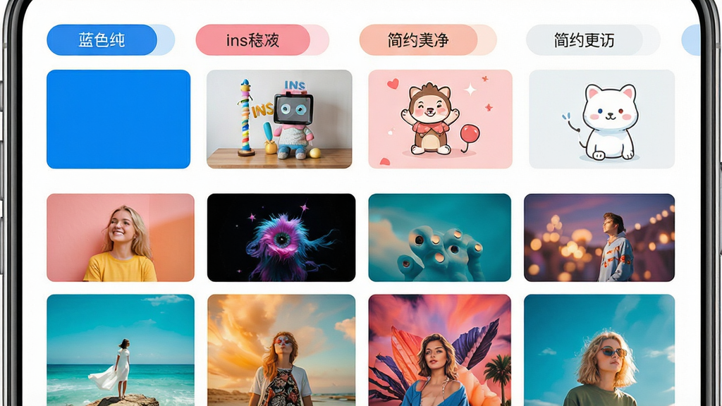 一张展示背景图软件图库分类页面的图片,画面中手机屏幕显示多个壁纸分类标签,包括蓝色纯色、ins风、卡通、简约干净等,下方是整齐排列的高清壁纸缩略图,每张图片色彩饱满,布局采用两列网格排版,风格清新明亮,细节上分类标签带有圆角矩形底色,背景为纯白色,画质高清,干净无多余元素