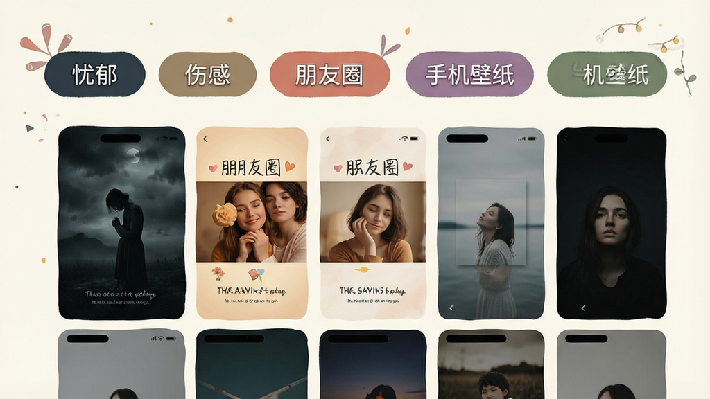 一张展示背景图软件风格分类功能的图片,画面中手机屏幕显示多个风格标签横向排列,包括忧郁、伤感、朋友圈、手机壁纸等,下方是不同风格壁纸的缩略图预览,有暗色调的忧郁风格、暖色调的朋友圈配图风格等,布局采用标签加网格的混合排版,风格文艺清新,细节上标签有不同颜色区分,背景为米白色,画质高清,干净无多余元素