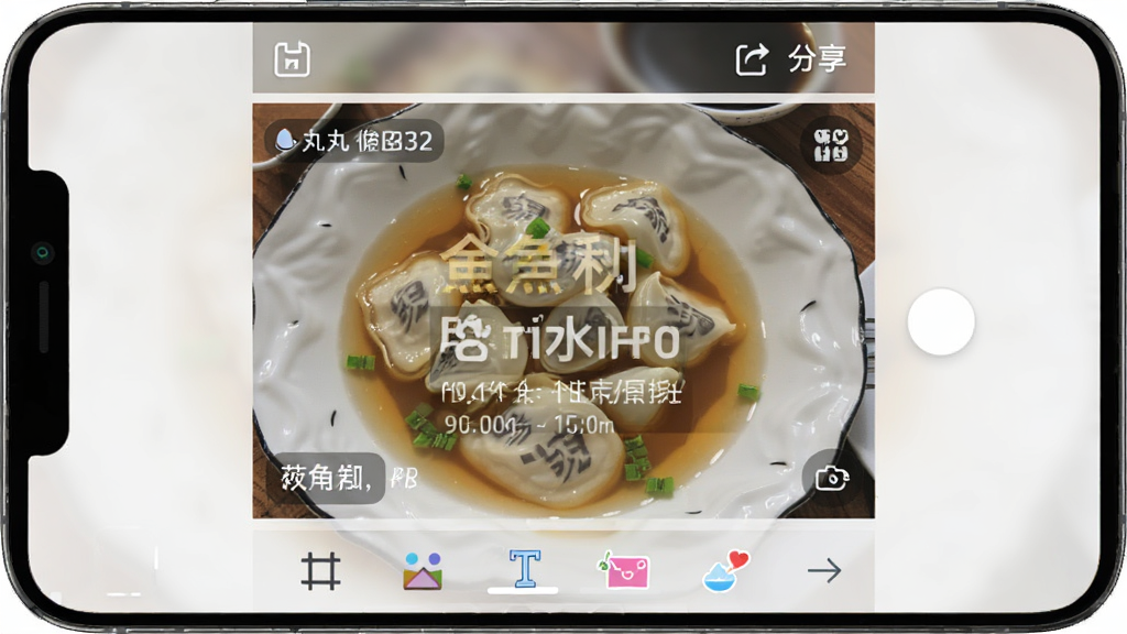 鱼丸水印相机照片编辑界面,手机屏幕显示一张已拍摄的水印照片,底部是编辑工具栏包含裁剪、滤镜、文字、贴纸等图标,屏幕上方有保存和分享按钮,照片上水印信息清晰可见,整体布局合理,风格简洁实用,画质高清,干净,无多余元素
