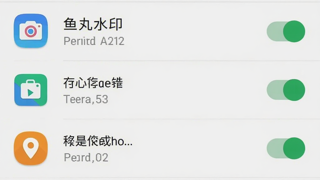 鱼丸水印相机在手机上的权限设置界面截图,展示相机、存储、定位三项权限已开启状态,界面为安卓系统设置页面,带有应用图标和权限开关按钮,整体风格简洁清晰,画质高清,干净,无多余元素