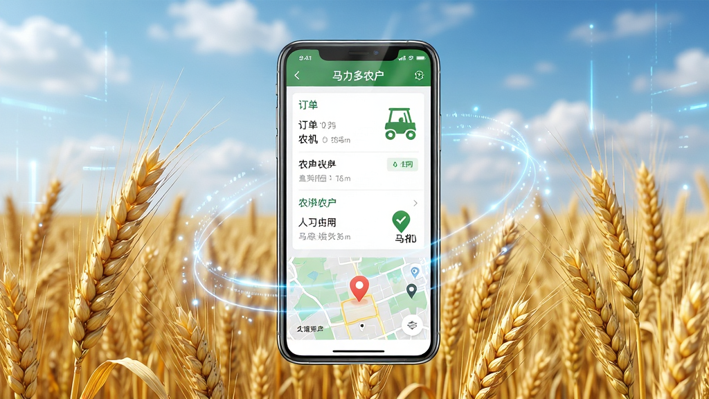 画面主体为一部智能手机,屏幕中展示马力多农户软件的主界面,界面包含订单列表、农机图标和地图定位元素;布局采用居中构图,手机立于一片金黄色的麦田中央;排版上软件界面细节清晰可见,周围环绕着淡淡的数字光效;风格为写实科技农业风;细节上麦穗颗粒饱满,手机屏幕反光自然,背景有蓝天白云;画质为高清4K,干净明亮,无多余元素,图片中文字为“马力多农户”。