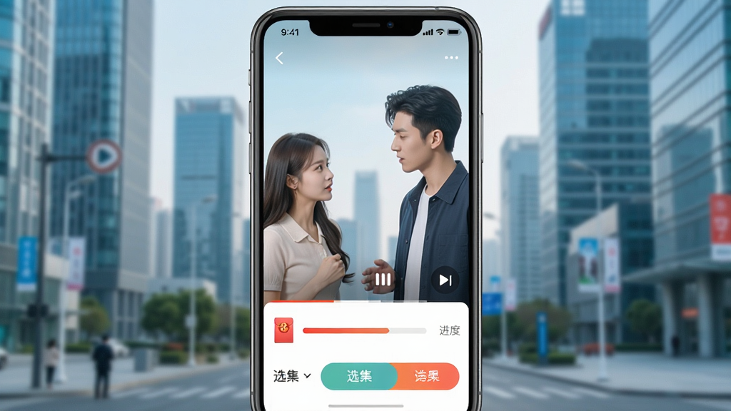 一张展示手机屏幕上播放短剧的界面截图,画面中央是闪幕短剧APP的竖屏播放界面,男女主角正在对话,底部有红包进度条和选集按钮,背景为现代都市风格,界面设计干净清爽,色彩明亮,画质清晰,无多余元素