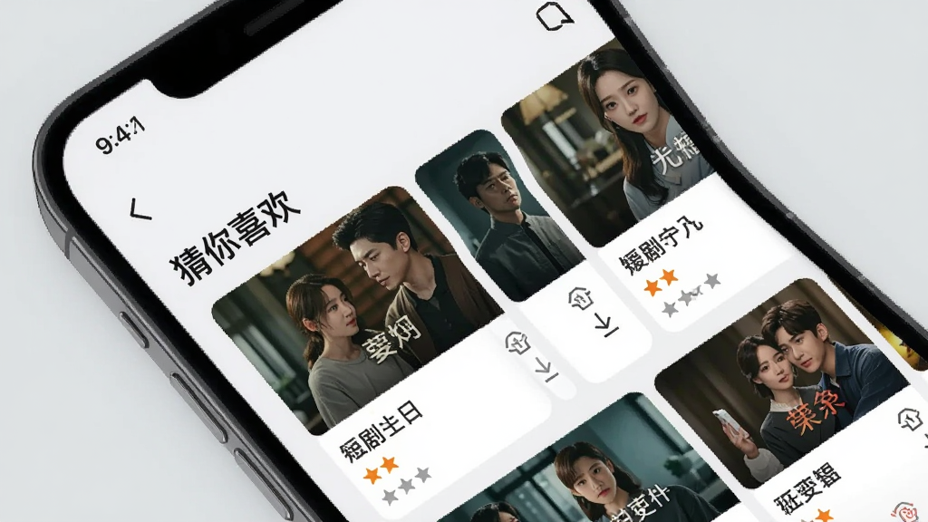 一张展示闪幕短剧APP智能推荐页面的图片,手机屏幕中显示“猜你喜欢”板块,下方排列着多部短剧推荐卡片,每张卡片有剧名和评分,旁边有下载缓存图标,界面风格现代简约,背景为浅灰色,文字清晰,画质干净