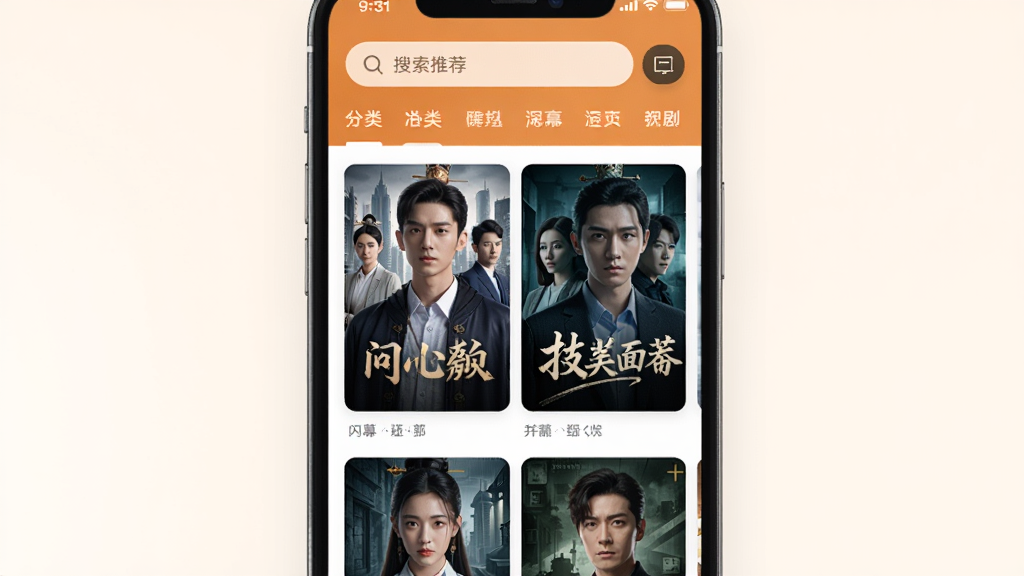 一部智能手机竖屏展示闪幕短剧APP的首页推荐界面,画面中排列着多张短剧封面海报,海报上有古装、都市、悬疑等不同风格的人物形象,界面顶部有搜索栏和分类标签,整体配色以暖色调为主,风格简洁时尚,画质高清,干净无杂乱元素