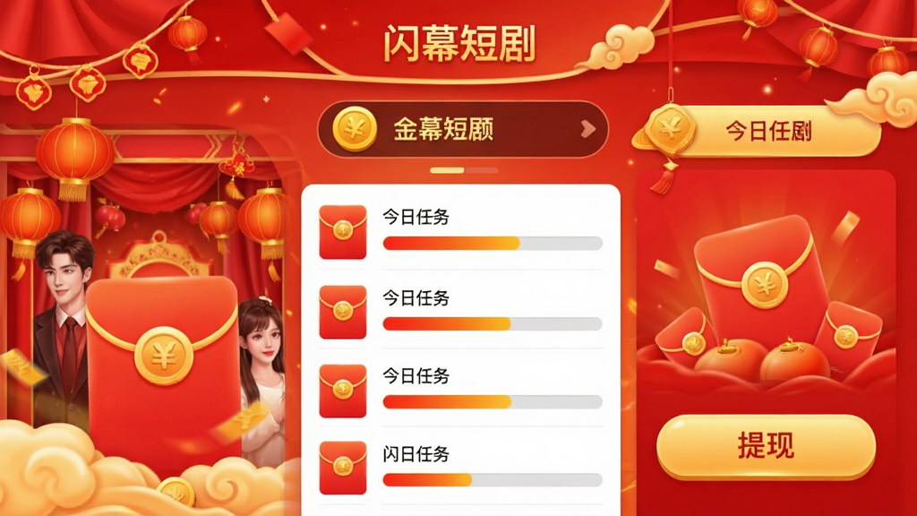 闪幕短剧APP的红包任务中心界面截图,画面中显示金币余额、今日任务列表和提现按钮,界面以红色和金色为主色调,有红包图标和进度条装饰,风格喜庆热烈,布局清晰,文字标注“闪幕短剧”字样,画质清晰干净