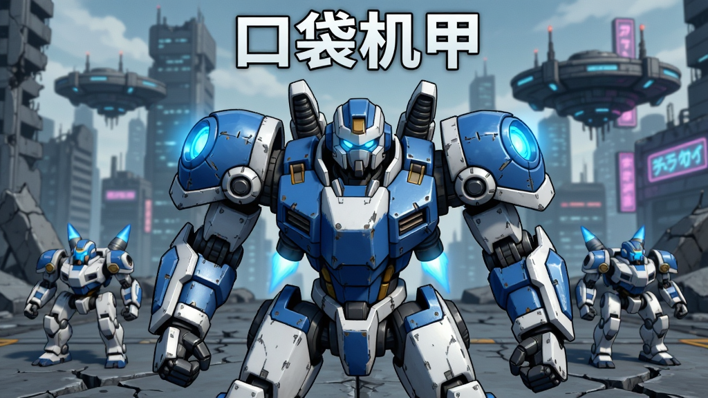 一幅以“口袋机甲”为主题的科幻风格游戏宣传图,画面中央是一台蓝白配色的近战型机甲,机体线条硬朗,肩部装甲带有发光蓝色能量核心,背景为未来城市废墟与悬浮平台,布局采用中心构图,机甲占据画面主体,左右两侧各有一台小型辅助机甲作为陪衬,排版上方留出空间,风格为日系机甲动画与3D渲染结合,细节包括装甲接缝、推进器喷口、地面裂纹与远处霓虹灯光,画质高清,干净,无多余元素