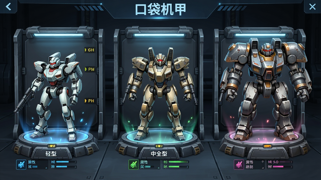 一张“口袋机甲”游戏内机甲仓库界面概念图,画面主体为三排机甲展示架,每排陈列不同型号的机甲,左侧为轻型机甲,中间为中型全能机甲,右侧为重型堡垒机甲,布局采用对称式排列,排版清晰,风格为科幻UI界面,细节包括机甲脚下的展示台、属性标签、稀有度光效,画质高清,干净,无多余元素