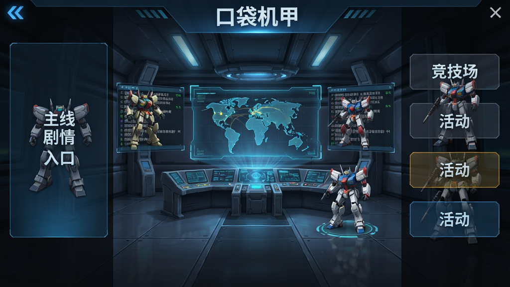一幅“口袋机甲”游戏主界面场景图,画面中央为机甲指挥中心大厅,左侧显示主线剧情入口,右侧显示竞技场与活动按钮,布局采用左右分栏,排版简洁,风格为科幻指挥室,细节包括全息投影地图、滚动公告栏、机甲待机动画,画质高清,干净,无多余元素