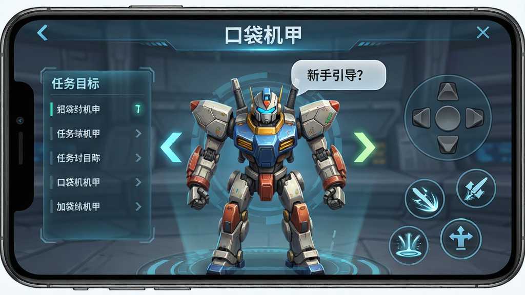 一幅“口袋机甲”新手引导界面示意图,画面中央是一台机甲正在接受指挥官的指令,左侧显示任务目标列表,右侧显示虚拟摇杆与技能按钮,布局采用手机屏幕比例,排版突出操作区域,风格为科幻教学界面,细节包括高亮箭头、文字气泡、半透明遮罩,画质高清,干净,无多余元素