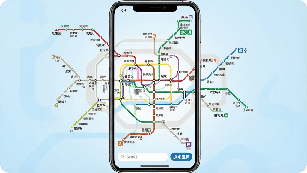 一张展示地铁地图软件界面的手机屏幕截图,画面中央是清晰的城市地铁线路网络图,用不同颜色区分各条线路,站点名称标注工整,底部有搜索框和换乘查询按钮,整体风格简洁明亮,背景为淡蓝色渐变,画质清晰干净,无多余元素