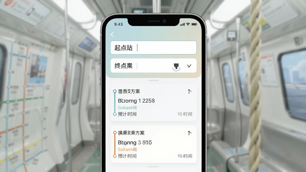 一张展示地铁地图软件换乘查询功能的界面图,画面中手机屏幕上显示起点站和终点站的输入框,下方列出两条换乘方案,标注了途经站点数和预计时间,界面配色柔和,排版清晰,画质干净,无多余元素
