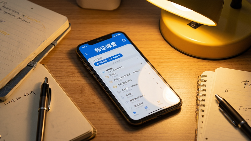 一部手机斜放在木质桌面上,屏幕内显示