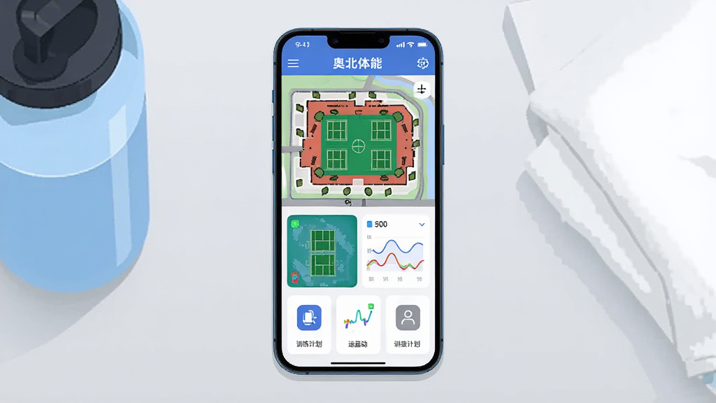 画面主体为一部智能手机,屏幕显示奥北体能软件主界面,界面包含园区地图、运动数据卡片和训练计划图标,手机放置在浅灰色桌面上,旁边有运动水壶和毛巾,布局简洁居中,排版采用竖版构图,风格为现代科技感扁平插画,细节包含地图上的羽毛球场标记和运动数据曲线,画质高清,干净,无多余元素
