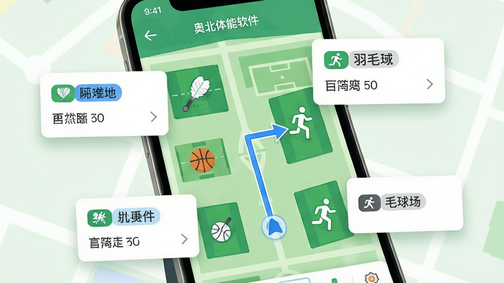 奥北体能软件界面中园区地图功能的特写展示,画面中心为手机屏幕,显示绿色调的地图界面,地图上标注了多个运动场地图标如羽毛球拍、篮球、跑步小人,有一条蓝色导航路线从当前位置指向羽毛球场,手机周围漂浮着场地信息卡片,布局以手机为视觉中心,排版干净利落,风格为清新扁平化设计,细节包含场地名称标签和距离提示,画质高清,干净,无多余元素