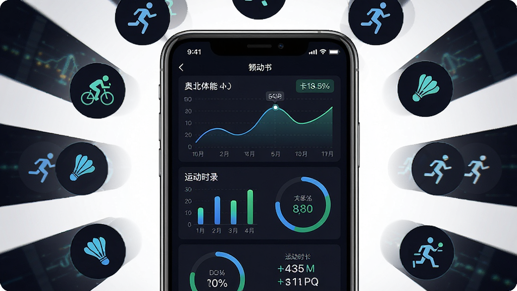 奥北体能软件运动数据记录功能展示图,画面主体为手机屏幕显示运动数据报告页面,包含折线图、柱状图和圆形进度条,屏幕周围环绕着跑步、骑行、羽毛球等运动图标,布局为手机居中、图标环绕的放射状排版,风格为深色背景科技感数据可视化,细节包含卡路里数值和运动时长标签,画质高清,干净,无多余元素