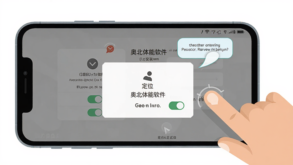 奥北体能软件新手安装操作示意图,画面主体为手机屏幕显示安装权限设置界面和定位权限弹窗,旁边有手指点击屏幕的插画元素,布局为手机居中、手指从右侧伸出的横向构图,风格为简洁明快的扁平化教程插画,细节包含权限开关图标和提示文字气泡,画质高清,干净,无多余元素