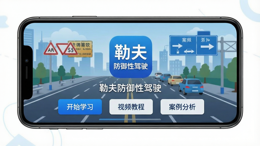 勒夫防御性驾驶软件主界面展示,手机屏幕中央呈现“勒夫防御性驾驶”应用图标与欢迎页面,背景为城市道路与交通标志,蓝色与白色为主色调,界面简洁清晰,包含“开始学习”“视频教程”“案例分析”等模块按钮,整体风格专业、安全、可靠,画质清晰,干净无多余元素