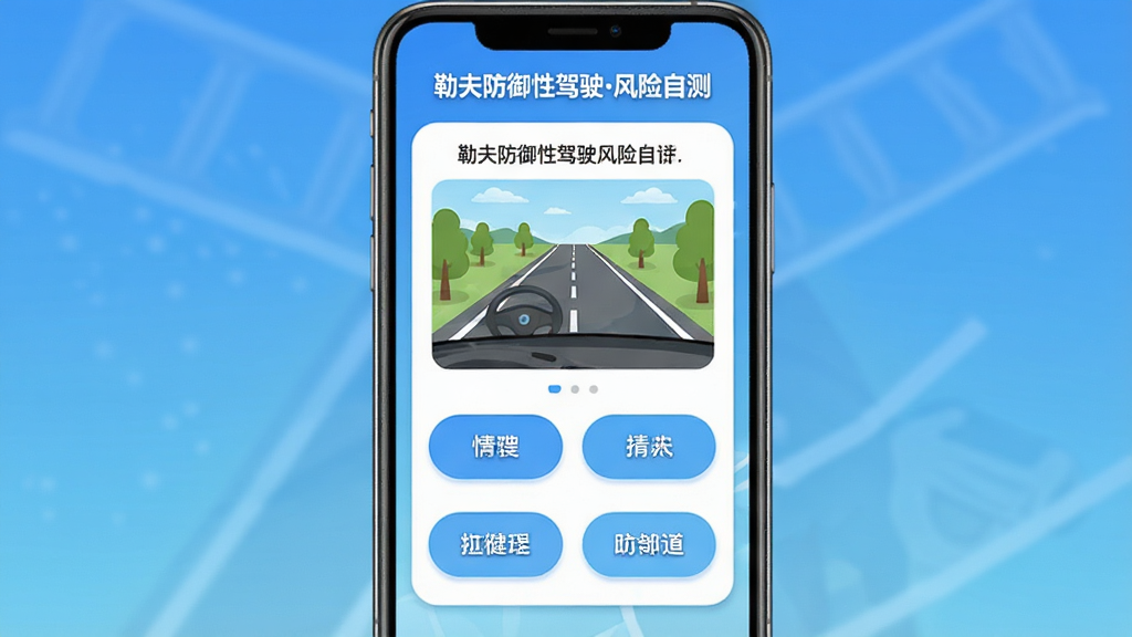 勒夫防御性驾驶互动测试界面,手机竖屏显示一道驾驶情景选择题,题干配有道路场景插图,下方有四个选项按钮,屏幕顶部显示“勒夫防御性驾驶风险自测”,界面采用蓝色渐变背景与白色卡片,按钮圆角设计,风格轻松互动,画质清晰,无多余装饰