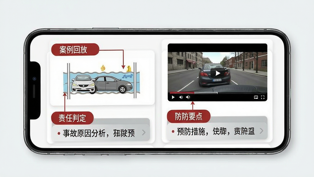 勒夫防御性驾驶事故案例分析页面,手机屏幕展示交通事故现场示意图与视频截图,配有文字标注“事故原因分析”与“预防措施”,界面采用卡片式布局,红色与灰色搭配强调警示感,包含“案例回放”“责任判定”“防御要点”等标签,风格严肃、教育性强,画面干净